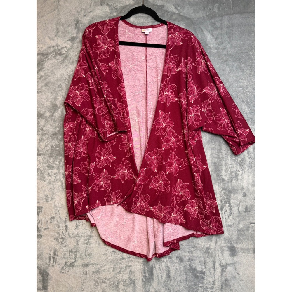 LuLaRoe Lindsay Kimono Cardigan Medium Burgundy Red Floral Open Front Draped Top
